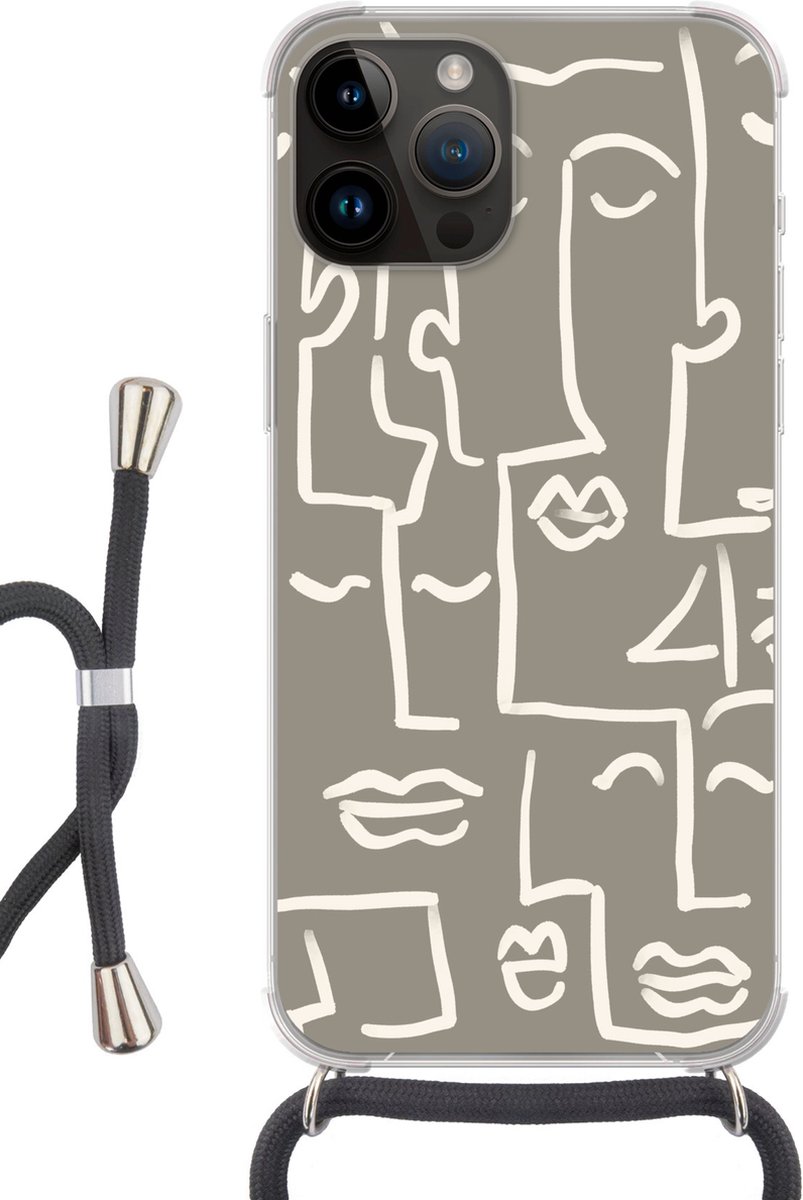 Telefoonhoesje Geschikt voor Apple Iphone 14 Pro Max - Gezicht - Hoofd - Line art - Siliconen - Crossbody - Backcover met Koord - Telefoonhoesje met koord - Hoesje met touw Telefoonhoesje