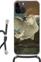 Geschikt voorApple Iphone 14 Pro Max - Crossbody Case - De bedreigde zwaan - Schilderij van Jan Asselijn - Siliconen - Crossbody - Backcover met Koord - Telefoonhoesje met koord - Hoesje met touw