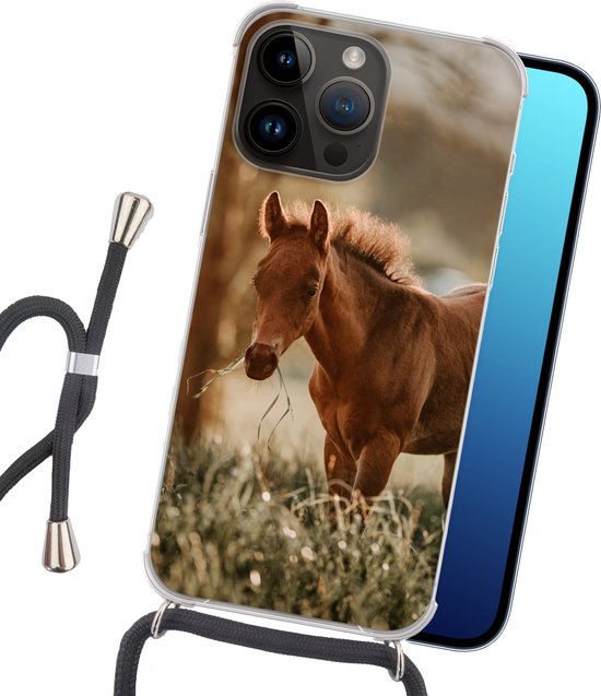 Étui de téléphone adapté à Apple iPhone 14 Pro - Cheval - Léger - Pâturage - Siliconen - Bandoulière - Coque arrière avec cordon - Étui de téléphone avec cordon - Étui avec corde Étui de téléphone