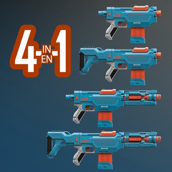 Vier Nerf Elite 2.0 Echo CS 10 blasters in verschillende 4-in-1 configuraties.