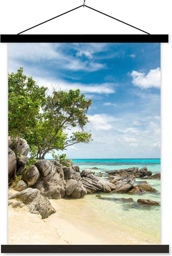 Porte-affiche avec affiche - Affiche scolaire - Plage - Pierres - Mer - Été - 90x120 cm - Lattes noires