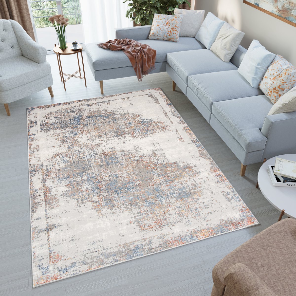 Tapiso Venezia Vloerkleed Modern Abstract Slaapkamer Tapijt Maat- 120x170 Beige Grijs Blauw