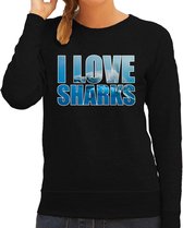 Tekst sweater I love sharks met dieren foto van een haai zwart voor dames - cadeau trui haaien liefhebber XXL