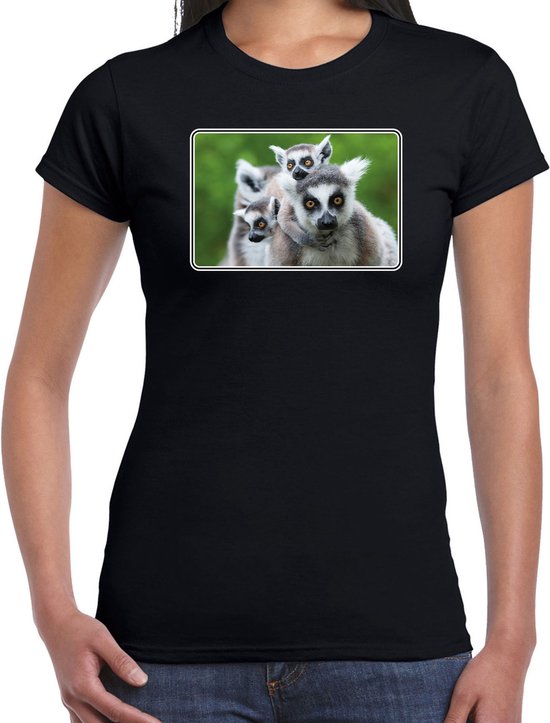Dieren shirt met maki apen foto - zwart - voor dames - natuur / ringstaart maki cadeau t-shirt / kleding XS