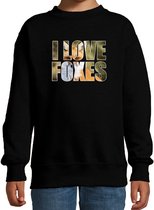 Tekst sweater I love foxes met dieren foto van een vos zwart voor kinderen - cadeau trui vossen liefhebber - kinderkleding / kleding 98/104