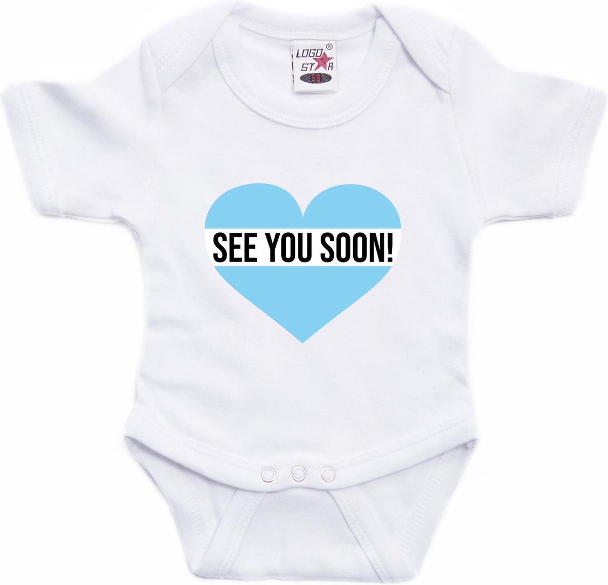 See you soon blauw hart gender reveal cadeau tekst baby rompertje wit jongens - Kraamcadeau - Babykleding 56