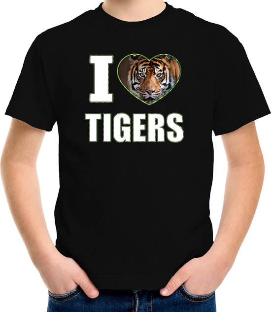T-shirt J'aime les tigres avec photo animalière d'un tigre noir pour enfants - Chemise cadeau Tigers Lover XL (158-164)