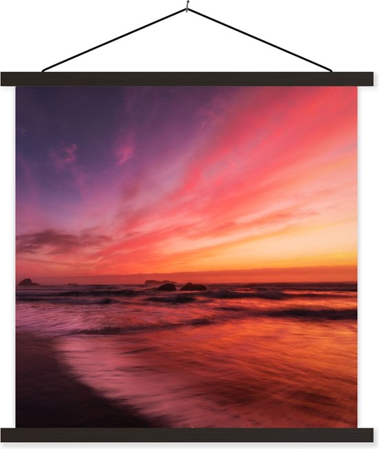 Posterhanger incl. Poster - Schoolplaat - Strand - Zee - Natuur - Avond - 90x90 cm - Zwarte latten