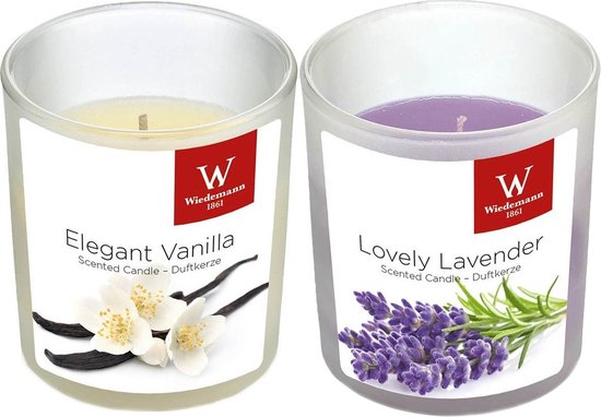 Geurkaarsen set van 4x stuks in glazen houder vanille en lavendel 25 branduren