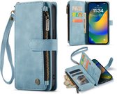 Casemania Hoesje Geschikt voor Apple iPhone 14 Pro Aqua Blue - Luxe Portemonnee Book Case met Rits