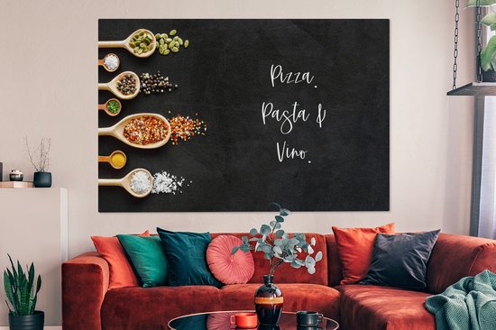 Peinture sur toile Pizza. Pâtes & Vin. - Citations - Nourriture - Épices - Proverbes - 150x100 cm - Décoration murale