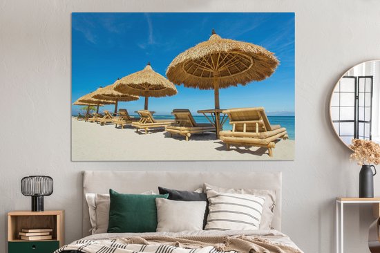 Canvas schilderij 150x100 cm - Wanddecoratie Strandstoel - Strand - Parasol - Zee - Zomer - Muurdecoratie woonkamer - Slaapkamer decoratie - Kamer accessoires - Schilderijen