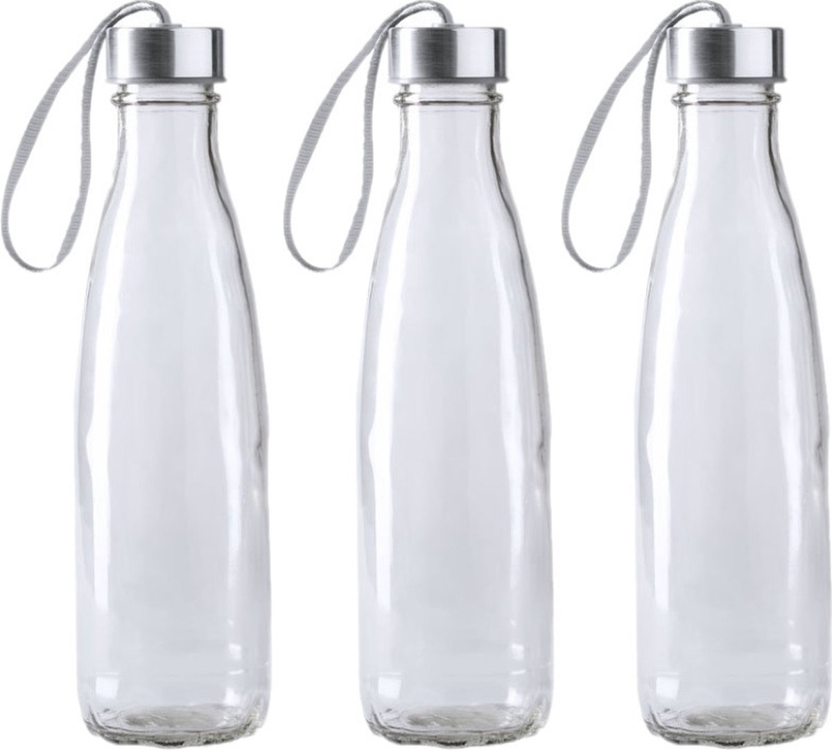 3x Stuks glazen waterfles/drinkfles transparant met Rvs dop met handvat 610 ml - Sportfles - Bidon