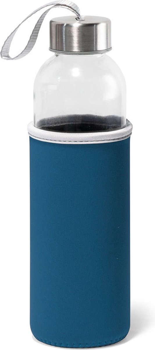 Glazen waterfles/drinkfles met blauwe softshell bescherm hoes 520 ml - Sportfles - Bidon