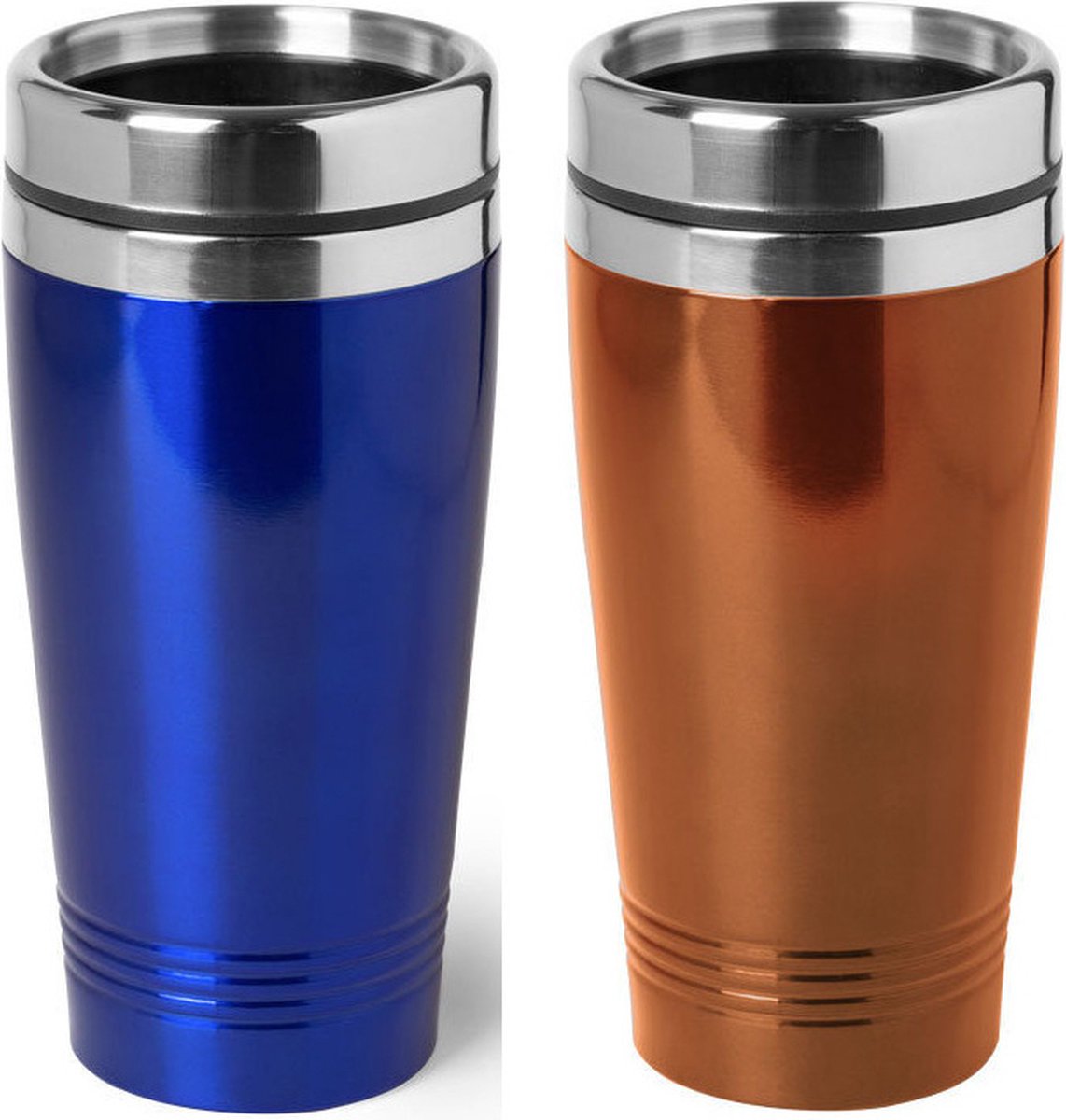 Set van 2x stuks Warmhoudbekers/warm houd bekers metallic oranje en blauw 450 ml