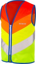 Veiligheidshesje met rits in chevron-patroon: oranje, geel, groen en reflecterende banen. WOWOW-logo op borst.