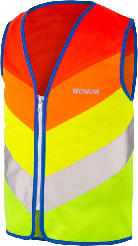 Veiligheidshesje met rits in chevron-patroon: oranje, geel, groen en reflecterende banen. WOWOW-logo op borst.