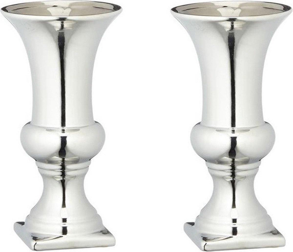 Set van 2x stuks zilveren kelk bloemenvazen keramiek 25 x 13 cm - Zilver - Vazen/vaas - Boeketvazen - Kelkvazen