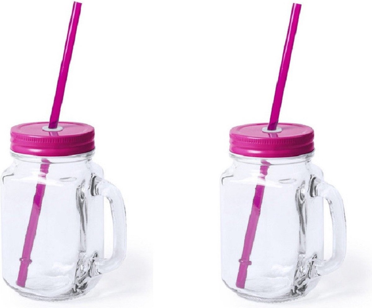 Goedkoopste Mason Jar drinkbekers - 2x stuks - glas - dop roze met rietje - 500 ml - afsluitbaar - fruit shakes