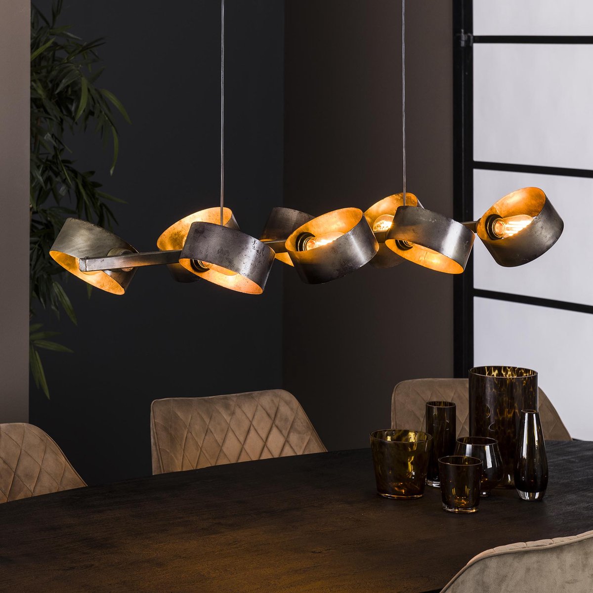 Hanglamp Rotar oud zilver | 8 lichts | grijs / zilver / zwart | metaal | in hoogte verstelbaar tot 150 cm | eetkamer / eettafel lamp | modern / sfeervol design
