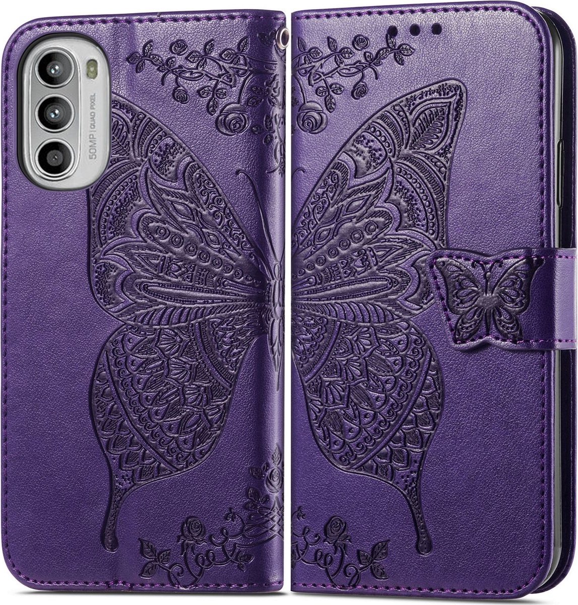 Mobigear Telefoonhoesje geschikt voor Motorola Moto G82 Hoesje | Mobigear Butterfly Bookcase Portemonnee | Pasjeshouder voor 3 Pasjes | Telefoonhoesje voor Pinpas / OV Kaart / Rijbewijs - Paars