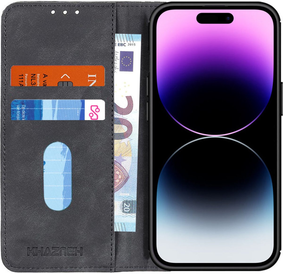 KHAZNEH Hoesje Retro Wallet Book Case Zwart Geschikt voor Apple iPhone 14 Pro