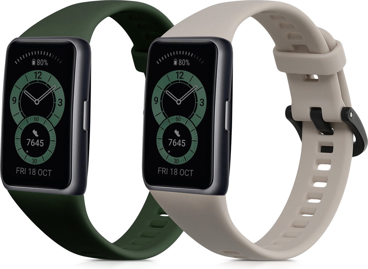 kwmobile 2x horlogebandjes geschikt voor Huawei Band 6 & 6 Pro / Honor Band 7 & 6 bandje - Smartwatch bandjes van TPU - Activity tracker horloge band in donkergroen / beige