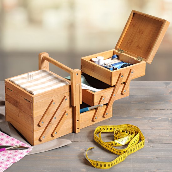 Foto: Fsc bamboe houten naaikist naaidoos opbergbox 5 vakken naaibox met handvat compact uitklapbaar naaigarnituur naaikoffer