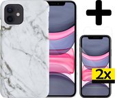 Hoes voor iPhone 11 Hoesje Marmer Case Wit Hard Cover Met 2x Screenprotector - Hoes voor iPhone 11 Case Marmer Hoesje Met 2x Screenprotector - Wit