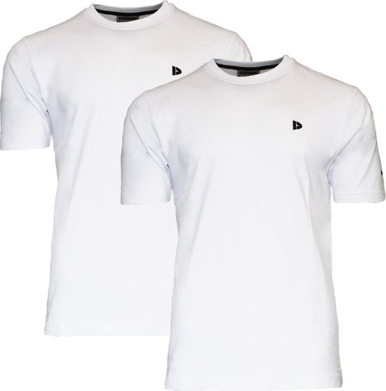 Twee witte Donnay T-shirts met zwart logo, op witte achtergrond.