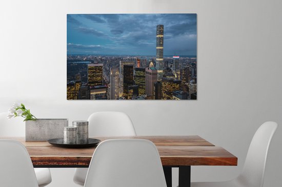 Canvas Schilderij Wolkenkrabber - Nacht - Architectuur - New York - 90x60 cm - Wanddecoratie