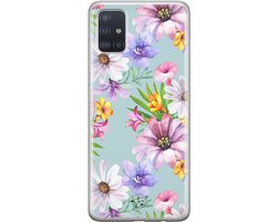 Hoesje geschikt voor Samsung Galaxy A71 - Mint bloemen - Soft Case - TPU - Bloemen - Blauw - Mooie Telefoonhoesjes