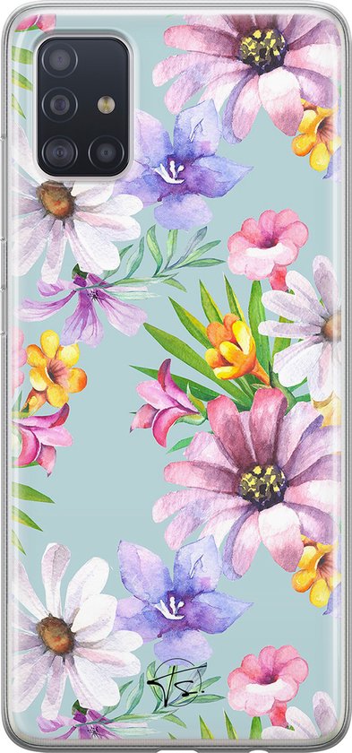 Hoesje geschikt voor Samsung Galaxy A71 - Mint bloemen - Soft Case - TPU - Bloemen - Blauw - Mooie Telefoonhoesjes