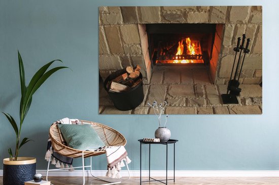 Cheminée dans un mur de pierre 180x120 cm - Tirage photo sur toile (Décoration murale salon / chambre) XXL / Groot format!
