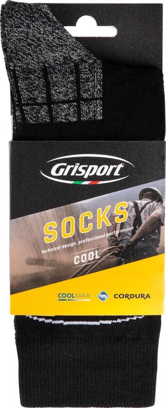 Verpakking van Grisport werksokken. Zwart met grijze accenten.