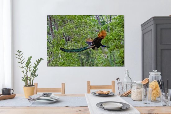 Paon coloré vole à travers les bois Toile 140x90 cm - Tirage photo sur toile (Décoration murale salon / chambre)
