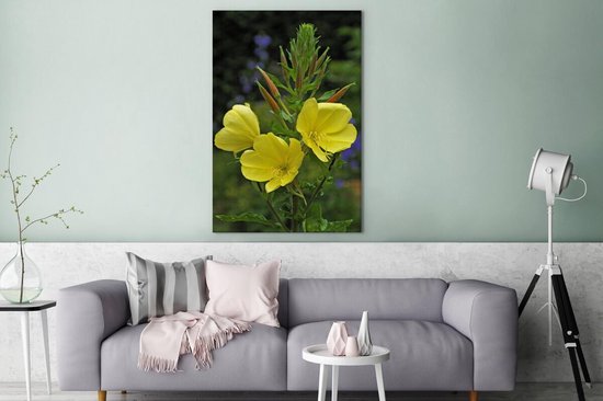 Canvas Schilderij Drie gele teunis bloemen op groene achtergrond - 80x120 cm - Wanddecoratie
