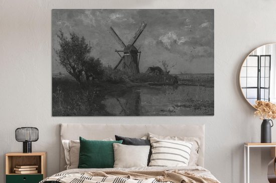 Canvas schilderij 180x120 cm - Wanddecoratie Molen bij een plas in zwart wit - Schilderij van Paul Joseph Constantin - Muurdecoratie woonkamer - Slaapkamer decoratie - Kamer accessoires - Schilderijen op canvas