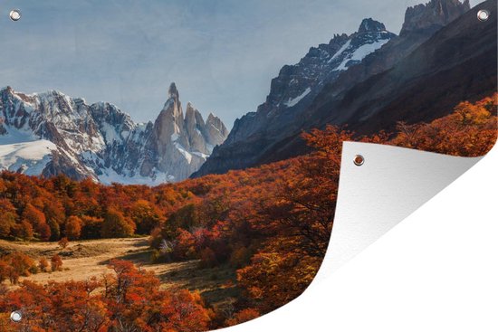 Het prachtige landschap van de Cerro Chaltén tijdens de herfst Tuinposter 90x60 cm Buitencanvas / Schilderijen voor buiten (tuin decoratie)