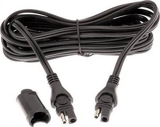 Zwarte SAE-naar-SAE verlengkabel met twee connectoren en een dop.