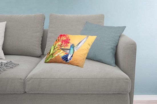Coussins Coussins décoratifs - Coussin - Colibri aux couleurs vives à côté d'une belle fleur rouge - 50x30 cm - Coussin en coton