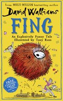 Boekomslag van 'Fing' door David Walliams. Een harig, rood monster met één oog jaagt op twee mensen. Met tekst 'Fing' en 'Gratis Custard Cream'.
