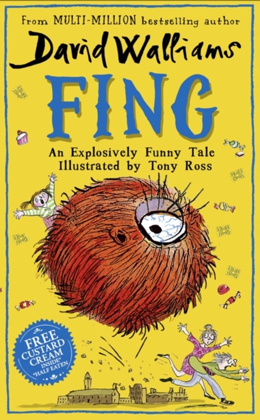 Boekomslag van 'Fing' door David Walliams. Een harig, rood monster met één oog jaagt op twee mensen. Met tekst 'Fing' en 'Gratis Custard Cream'.