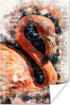 Portrait d'un flamant rose peint sur fond sombre et journaux 80x120 cm