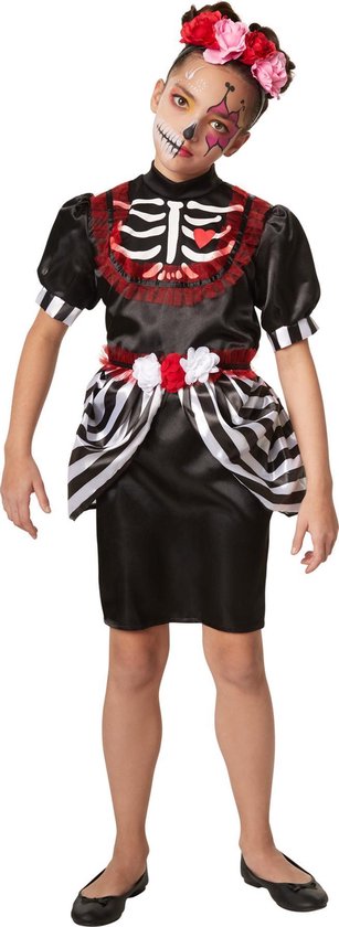 dressforfun - Griezelige skeletdame 140 (9-10y) - verkleedkleding kostuum halloween verkleden feestkleding carnavalskleding carnaval feestkledij partykleding - 301988
