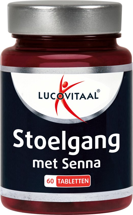 Lucovitaal Stoelgang met Senna flesje met 60 tabletten. Het flesje heeft een donkerblauwe wikkel met een zilveren dop en een rode figuur.