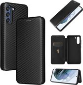 Voor Samsung Galaxy S21 FE koolstofvezel textuur magnetische horizontale flip TPU + pc + PU lederen tas met kaartsleuf (zwart)