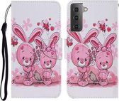 Voor Samsung Galaxy S21 FE Gekleurde Tekening Patroon Horizontale Flip PU Lederen Case met Houder & Kaartsleuven & Portemonnee & Lanyard (Leuk Konijn)
