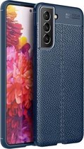 Voor Samsung Galaxy S21 FE Litchi Texture TPU schokbestendig hoesje (marineblauw)