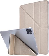Zijdestructuur horizontale vervorming lederen flip-hoes met houder voor iPad Pro 12.9 2021 (goud)